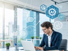 An engaging graphic showing a project manager at a desk with a laptop