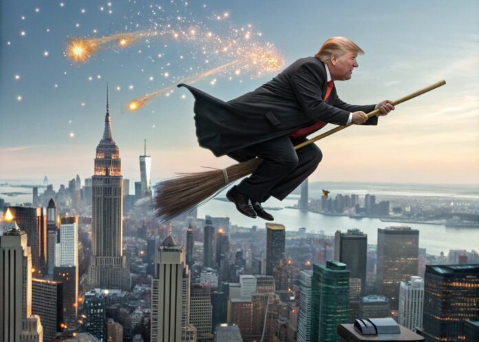 donald trump flying over new york with magical broom , 8k.