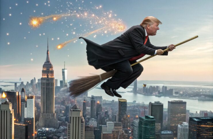 donald trump flying over new york with magical broom , 8k.